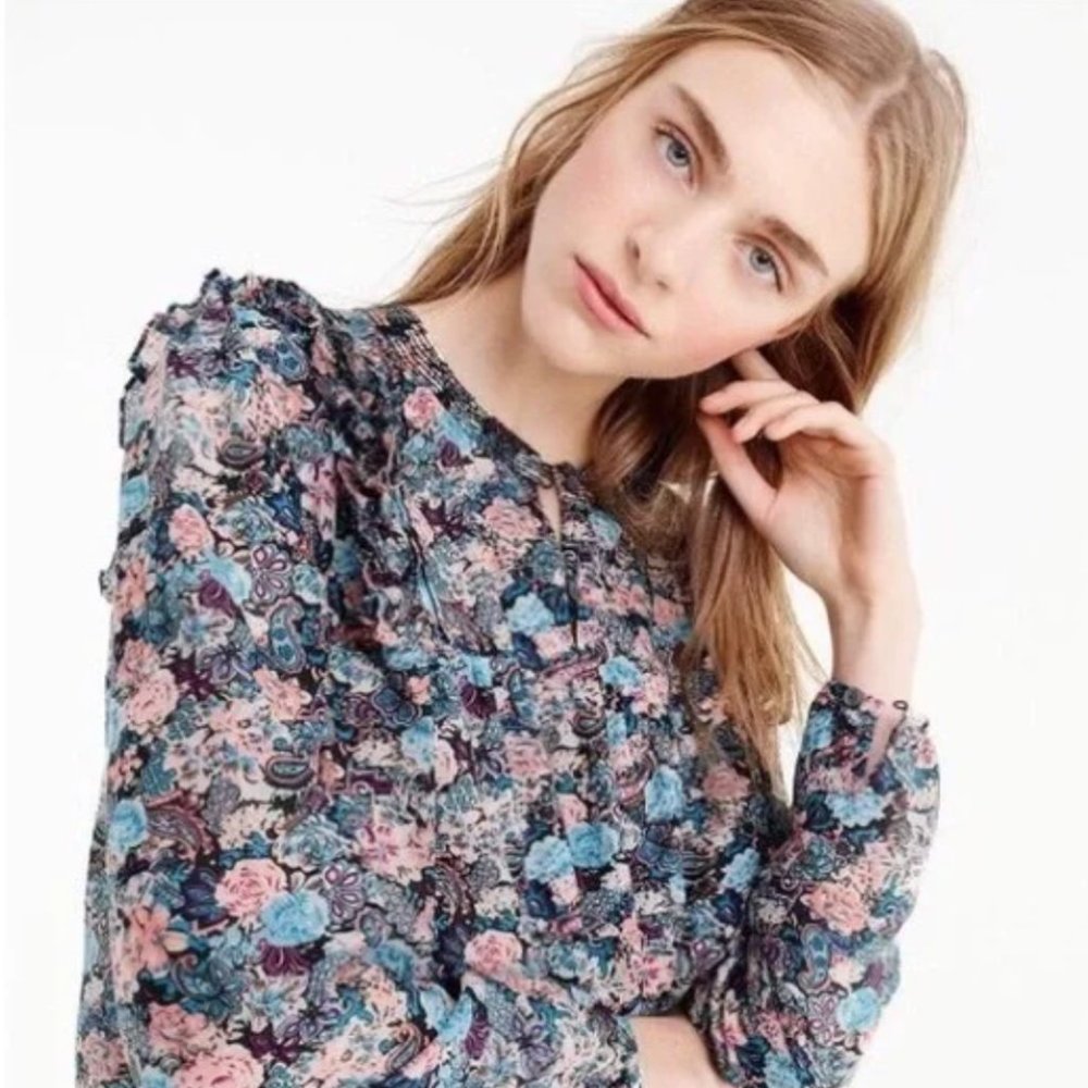 NWT J.Crew Ruffle-front top in paisley floral, sz large tall